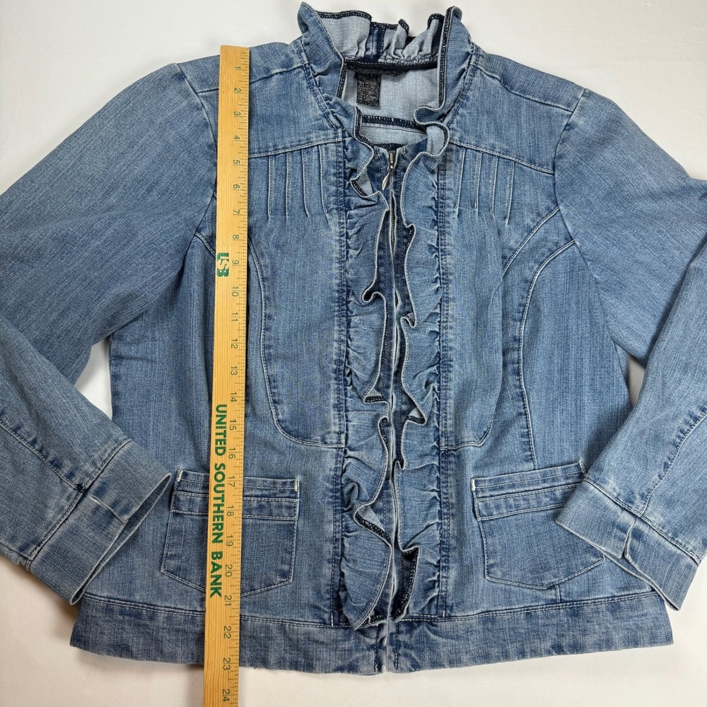 Baccini Ruffle Trim Denim Jacket Medium Wash Blue Zip Front Pintuck Womens 14/16